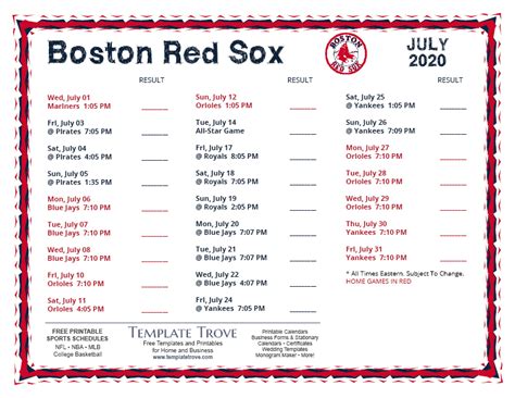 red sox schedule july